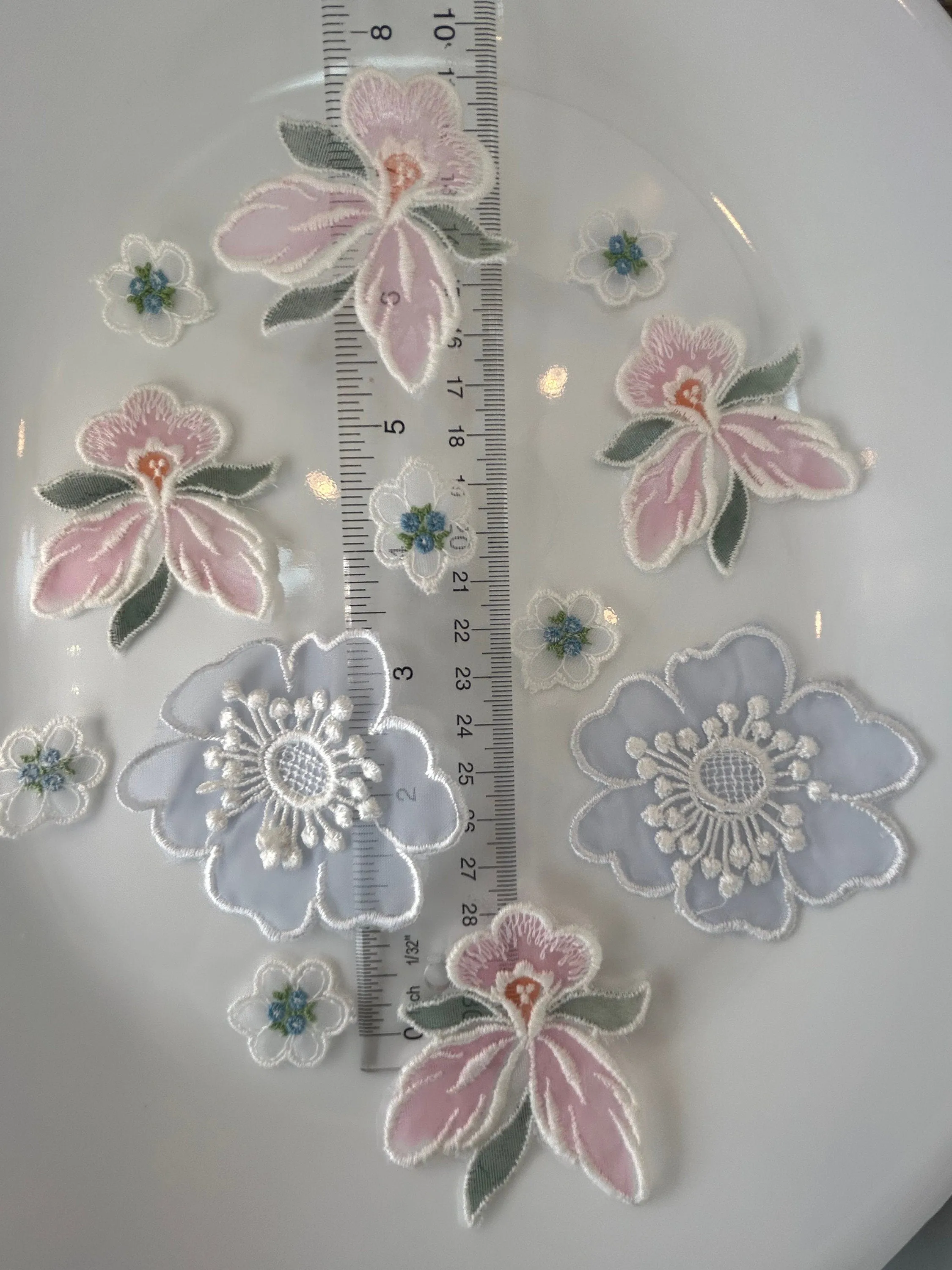 12 pieces FLORAL sew-on appliqués sheer blue, pink, tiny blue vintage lot #33