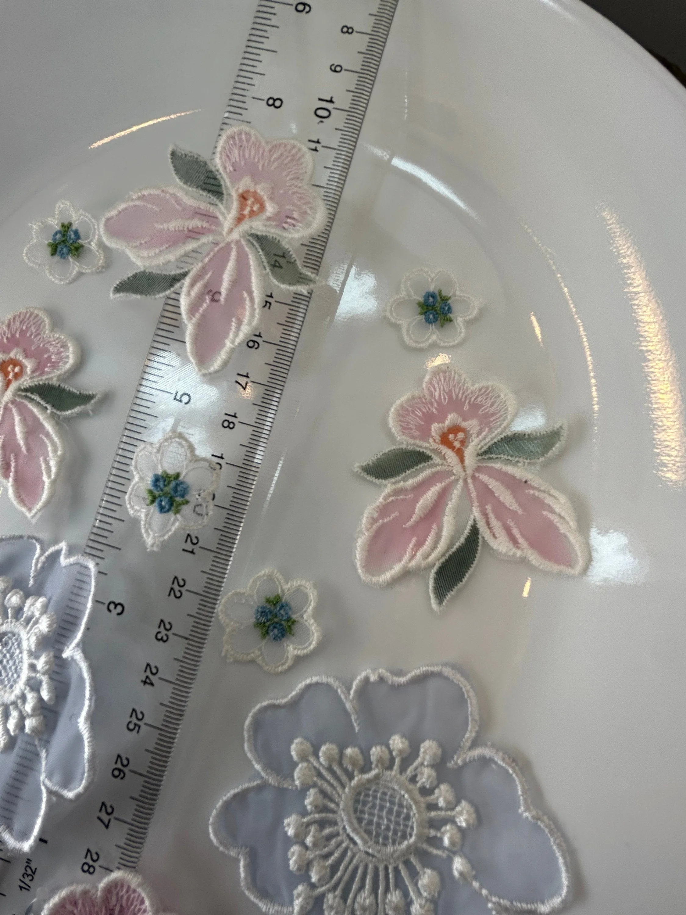 12 pieces FLORAL sew-on appliqués sheer blue, pink, tiny blue vintage lot #33