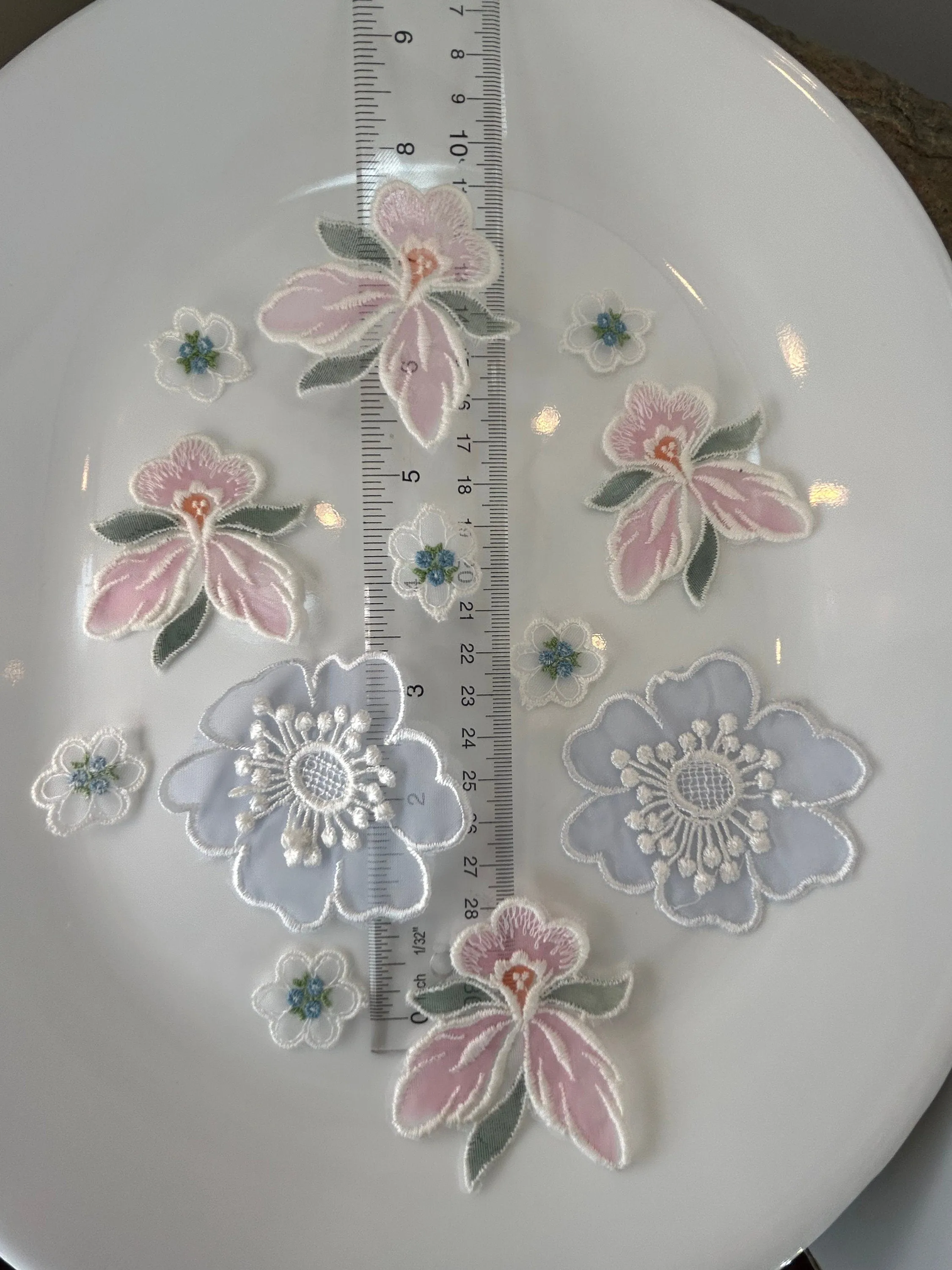 12 pieces FLORAL sew-on appliqués sheer blue, pink, tiny blue vintage lot #33