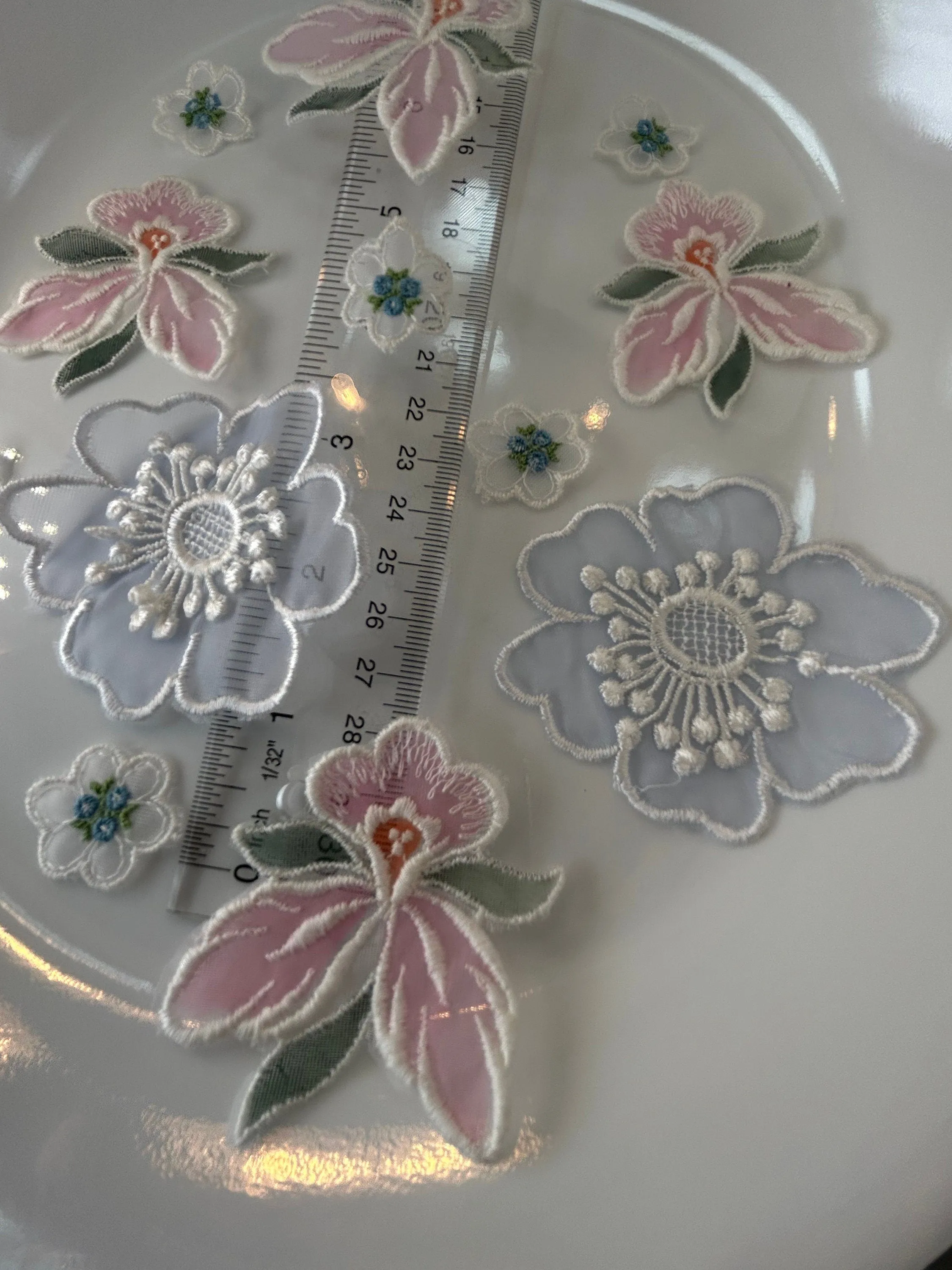 12 pieces FLORAL sew-on appliqués sheer blue, pink, tiny blue vintage lot #33