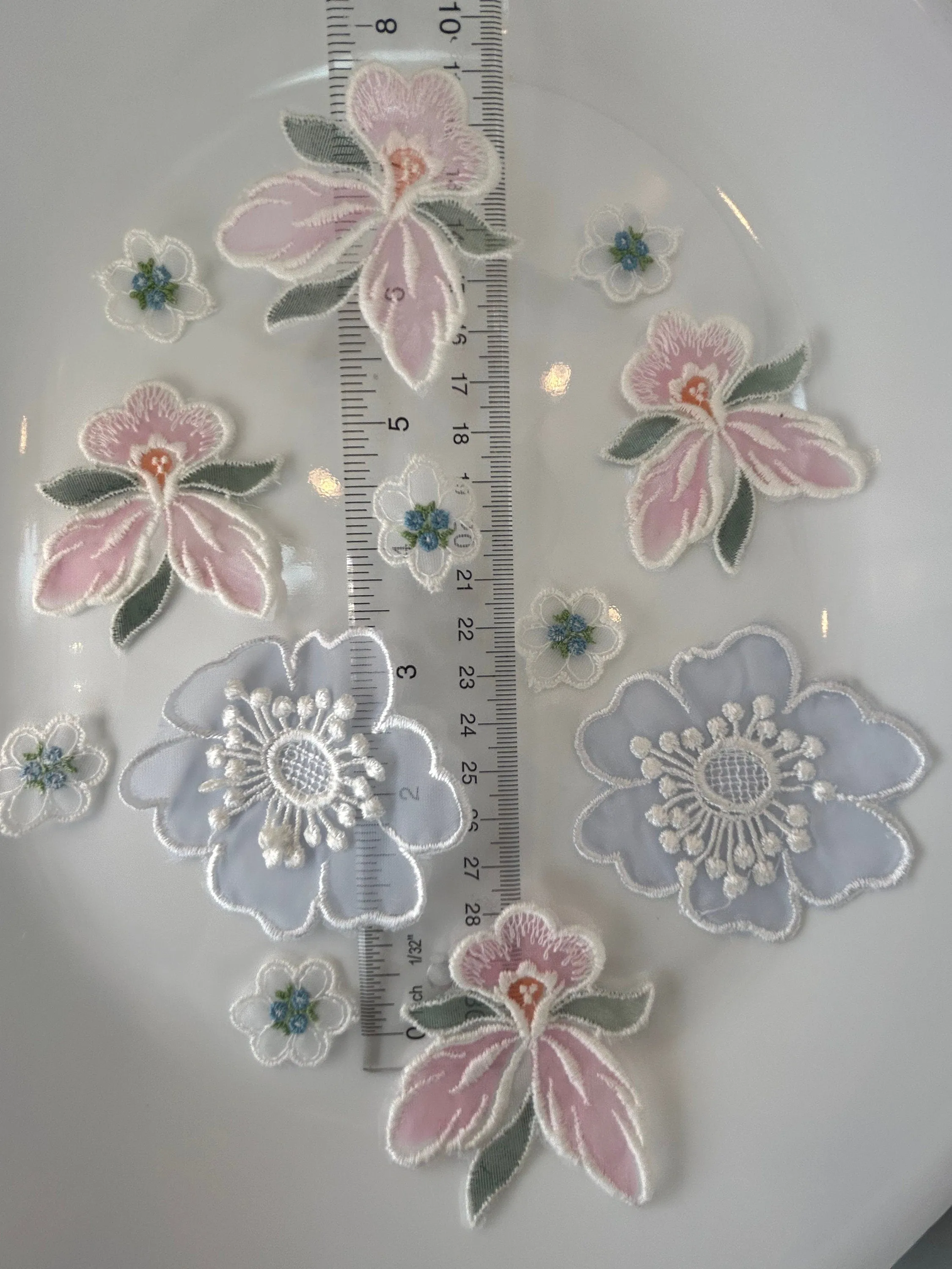 12 pieces FLORAL sew-on appliqués sheer blue, pink, tiny blue vintage lot #33
