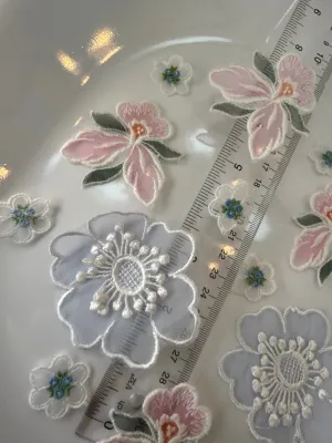 12 pieces FLORAL sew-on appliqués sheer blue, pink, tiny blue vintage lot #33