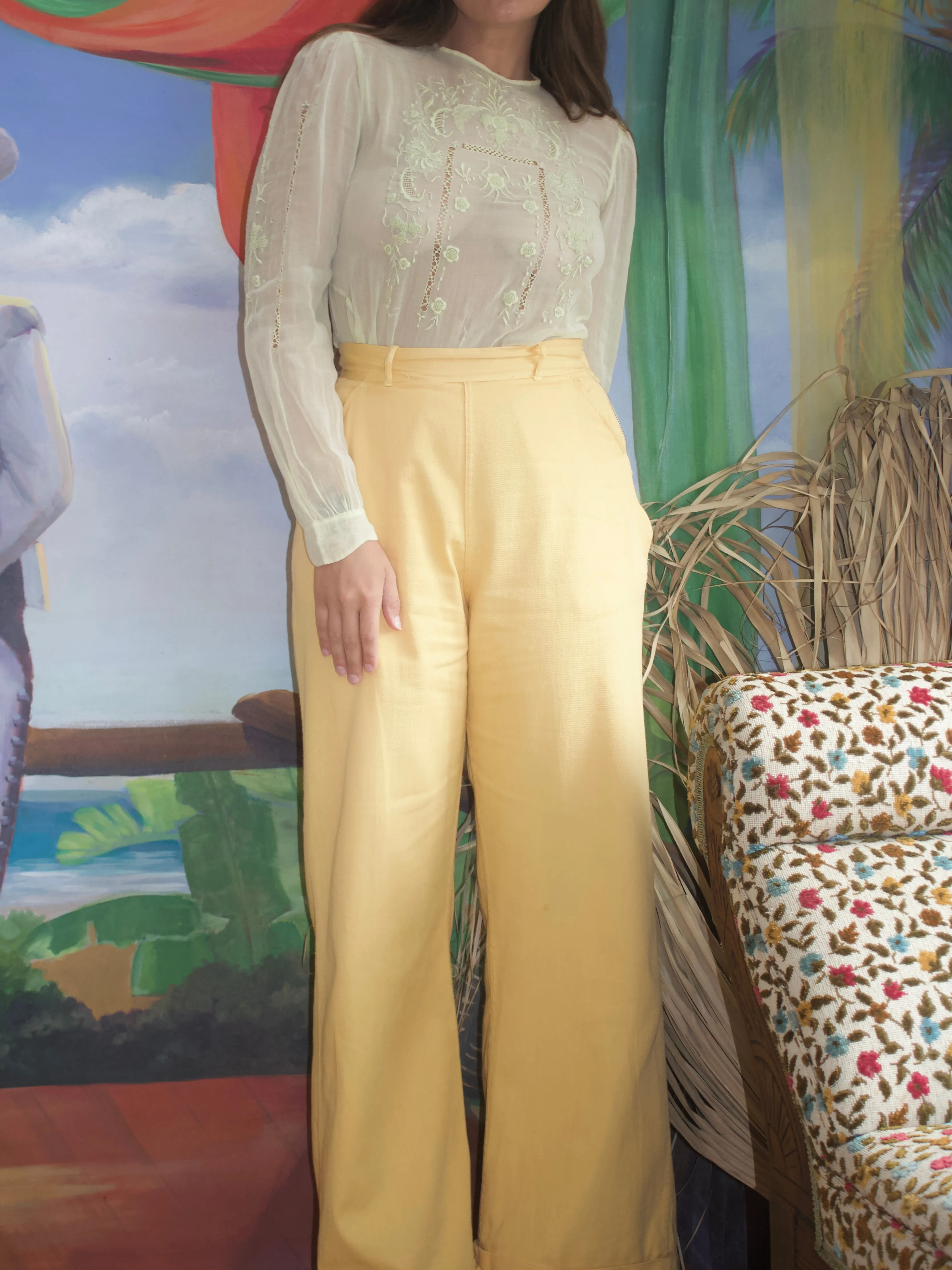 1920s Minty Cotton Voile Embroidered Long Sleeve Blouse