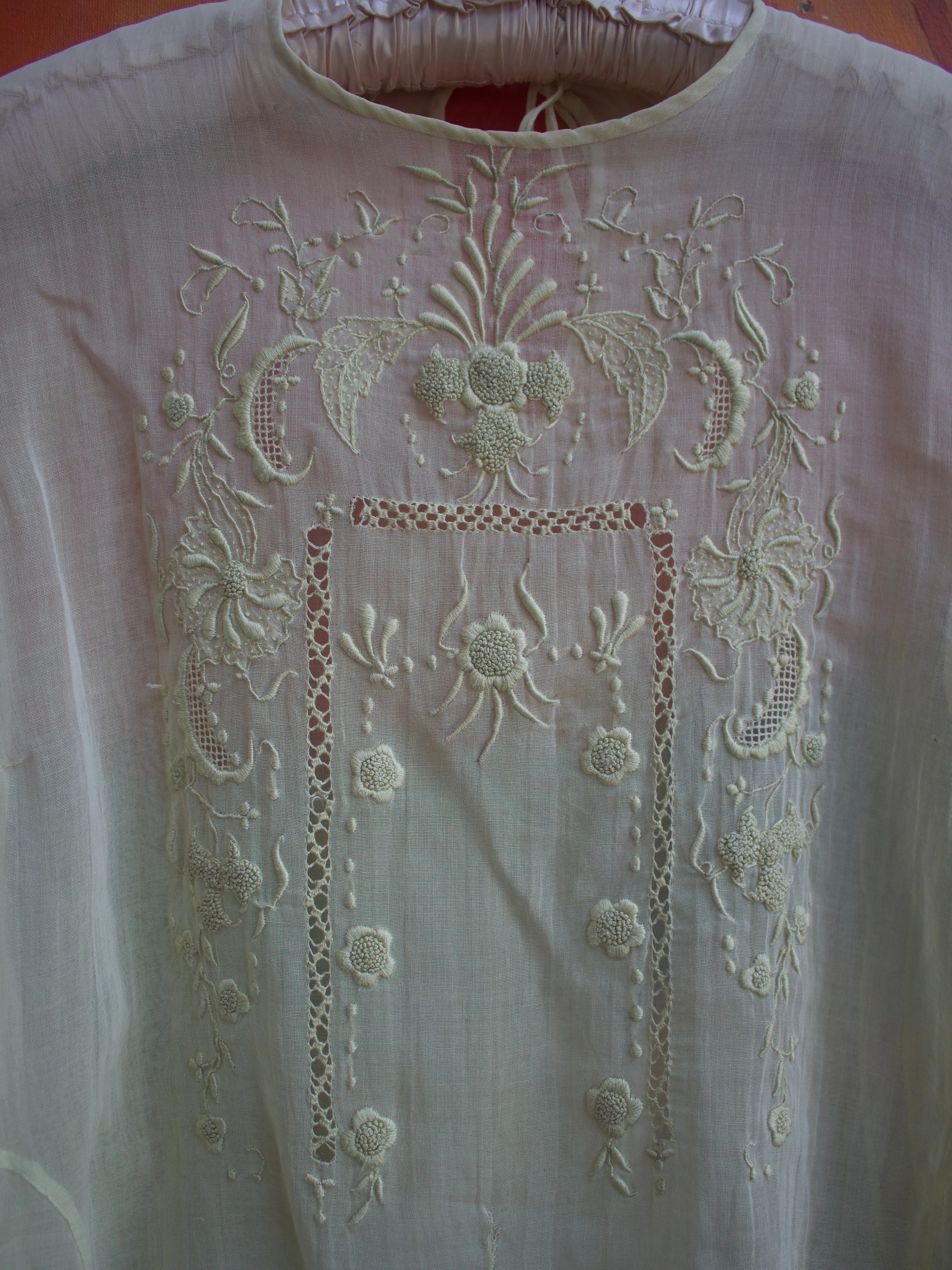 1920s Minty Cotton Voile Embroidered Long Sleeve Blouse