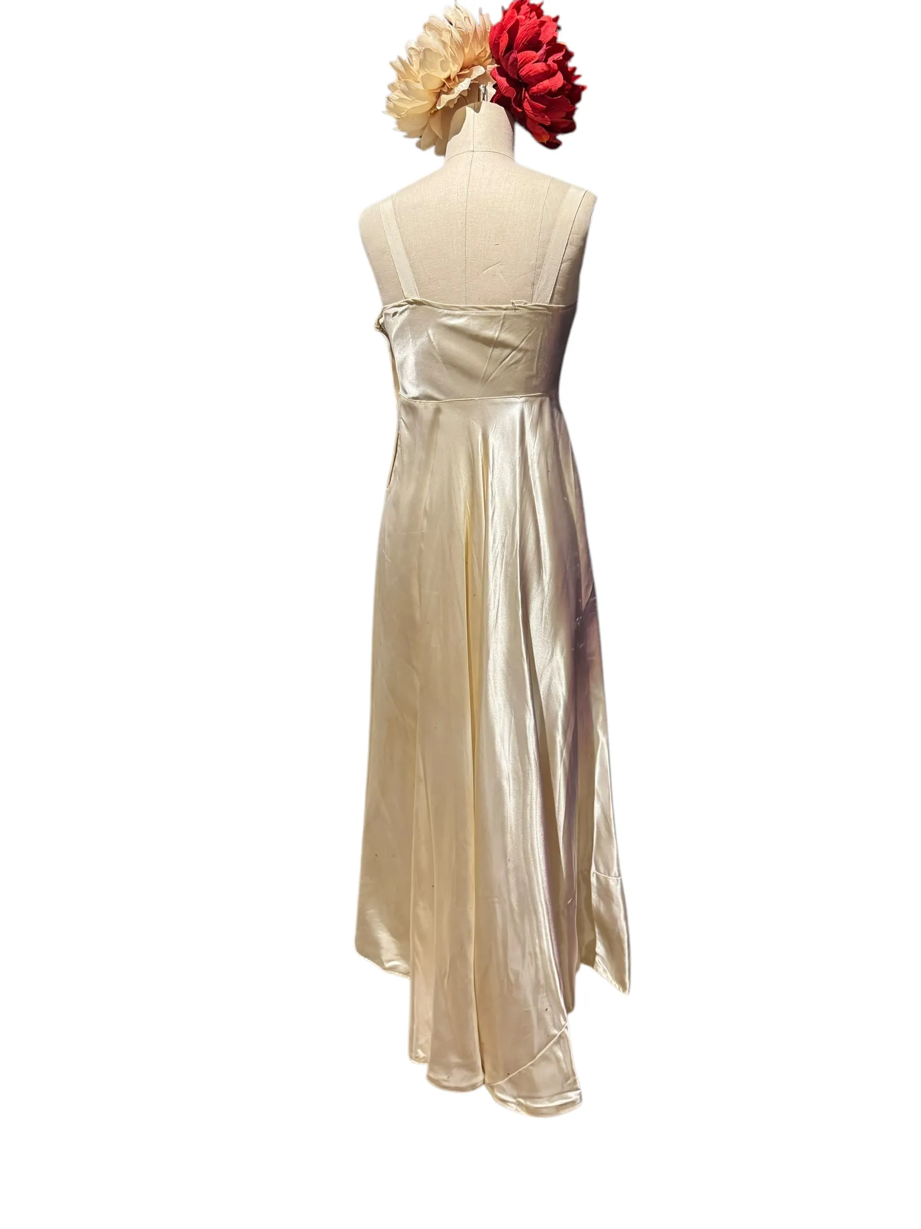 1930s Ivory Ruffled Silk and Lace Gown with Rhinestones