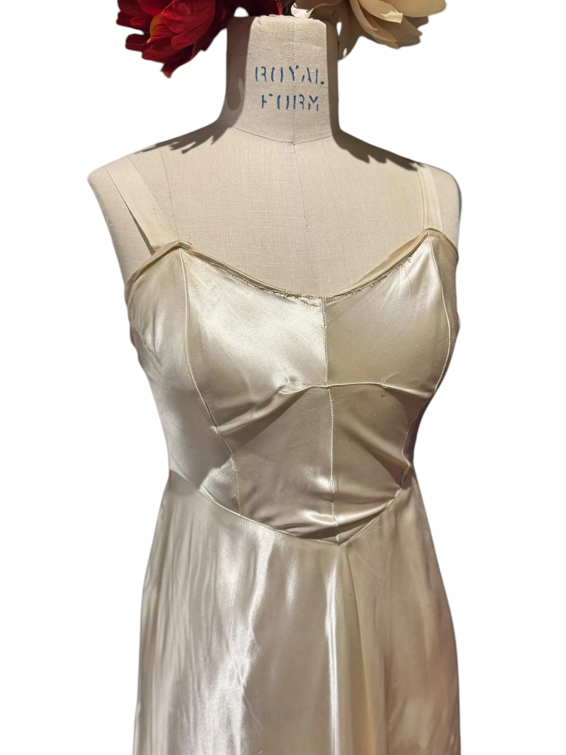 1930s Ivory Ruffled Silk and Lace Gown with Rhinestones