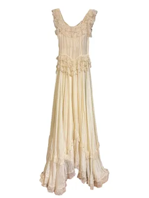 1930s Ivory Ruffled Silk and Lace Gown with Rhinestones