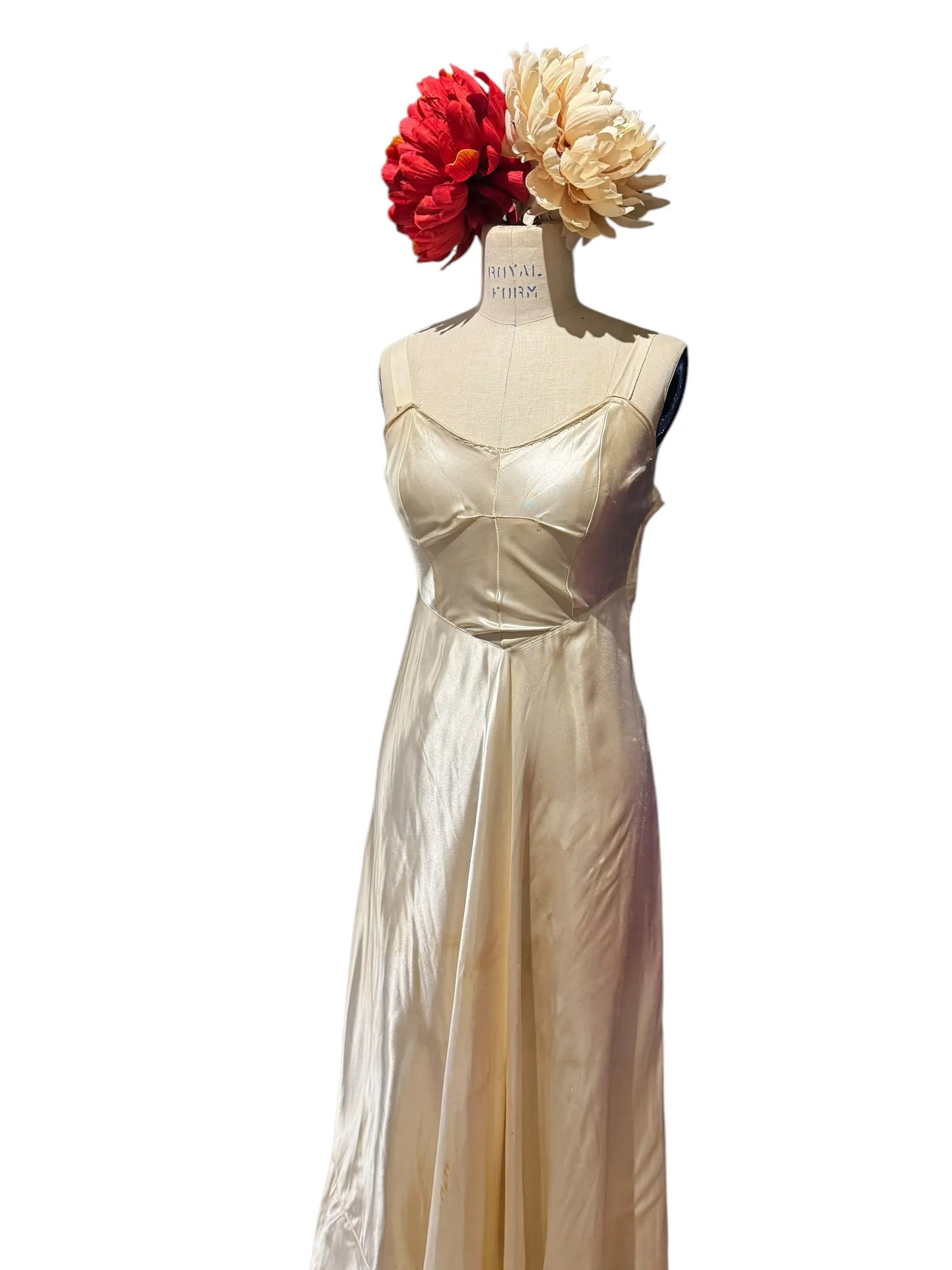 1930s Ivory Ruffled Silk and Lace Gown with Rhinestones