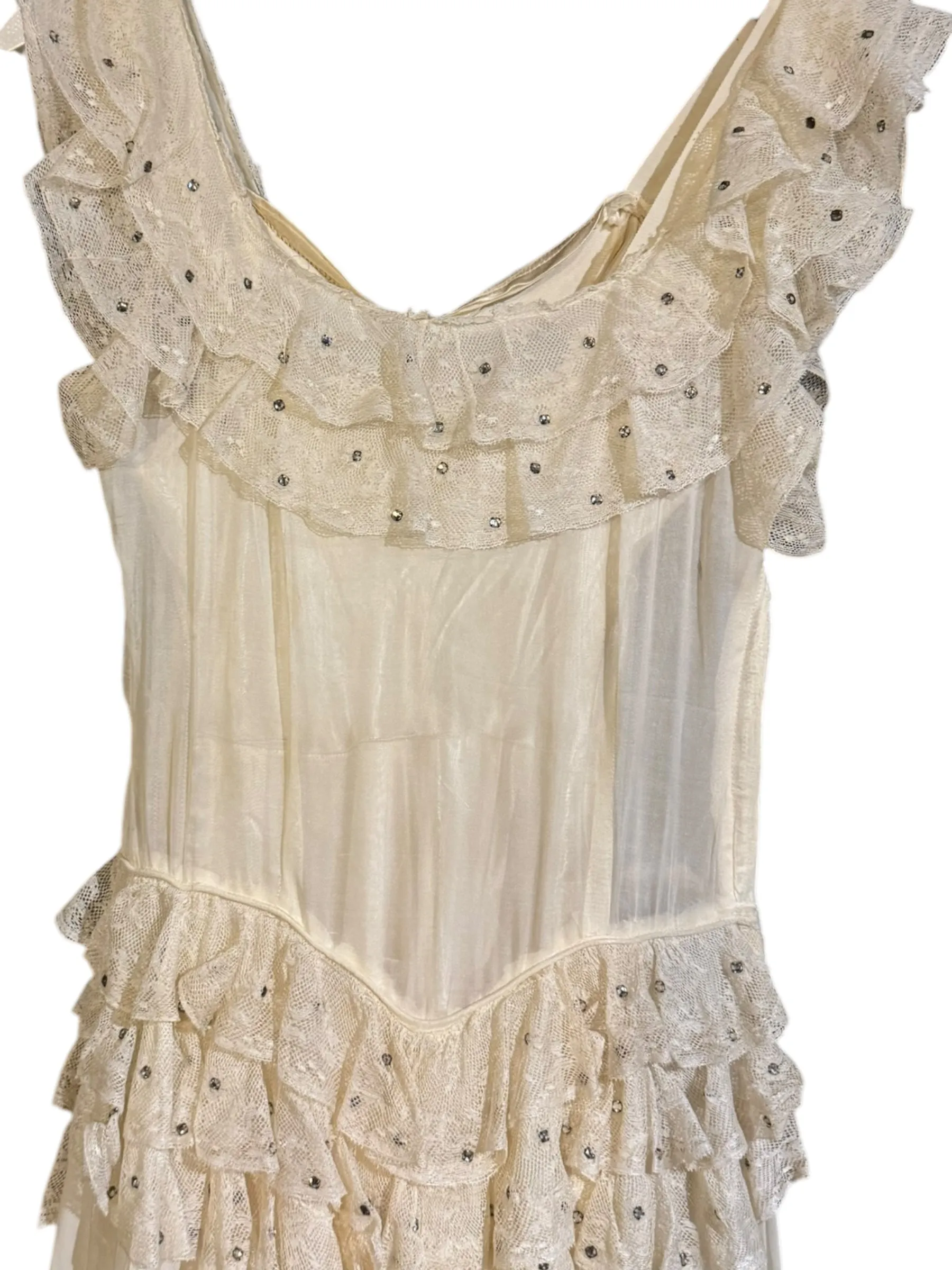 1930s Ivory Ruffled Silk and Lace Gown with Rhinestones