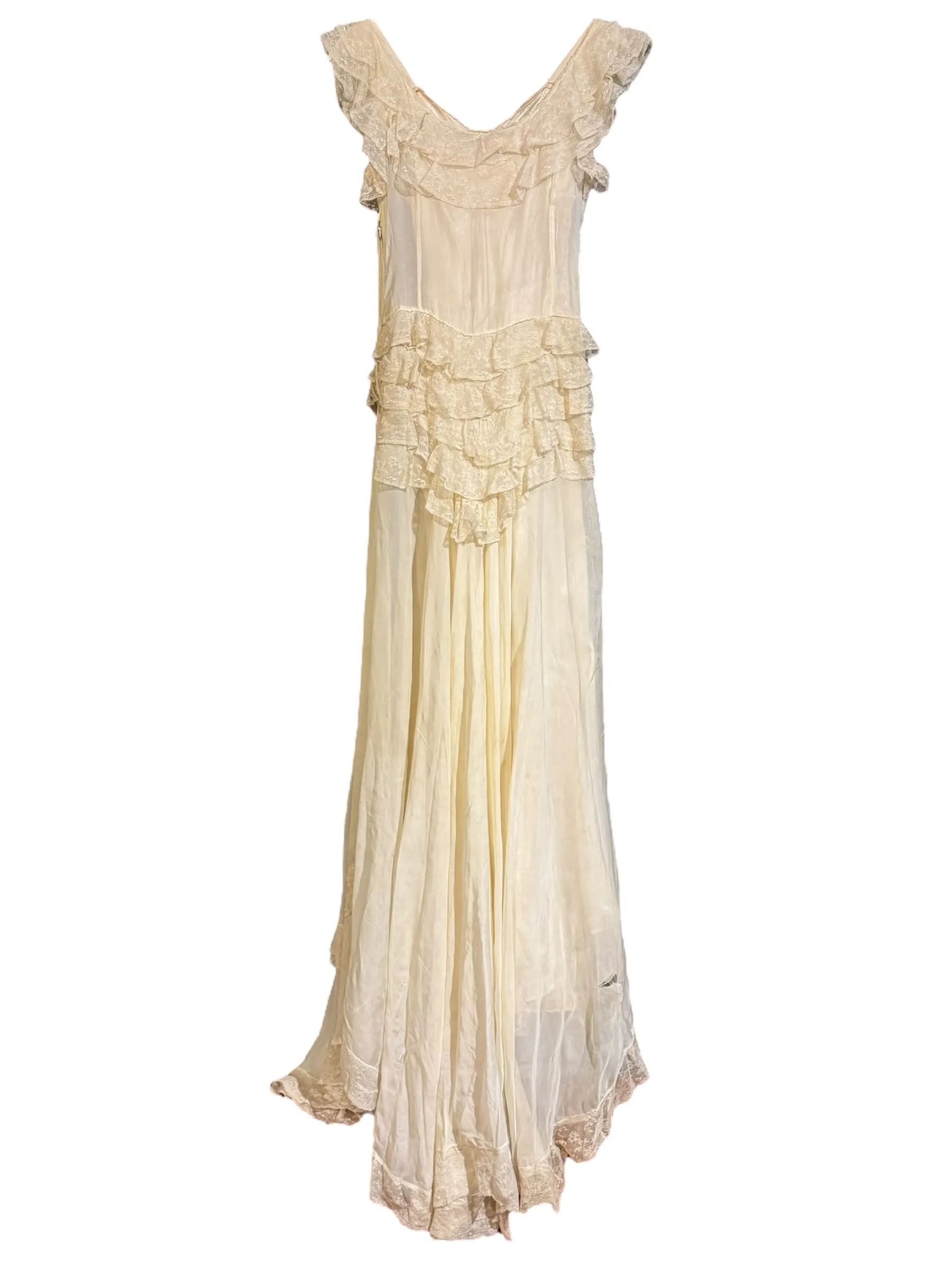 1930s Ivory Ruffled Silk and Lace Gown with Rhinestones
