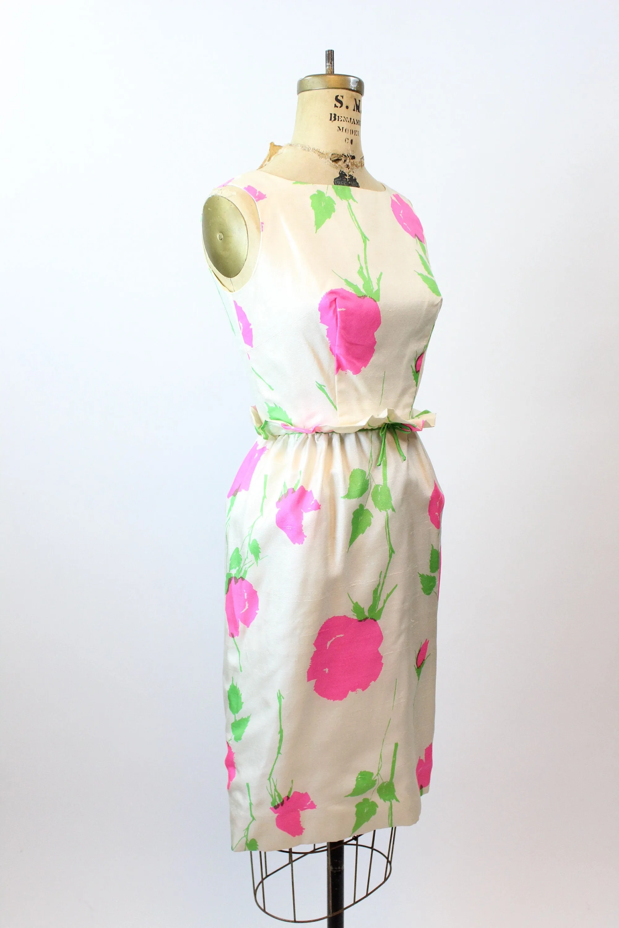 1960s PINK ROSE SILK ruffled waist dress xs | new spring summer