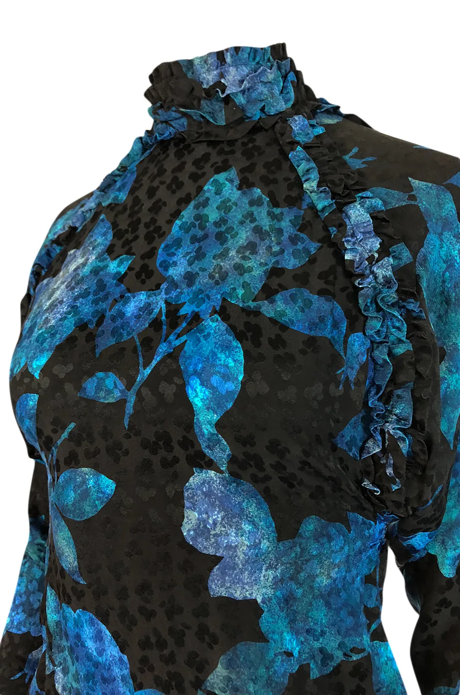 1970s James Galanos Backless Blue Floral Print Ruffled Silk Dress