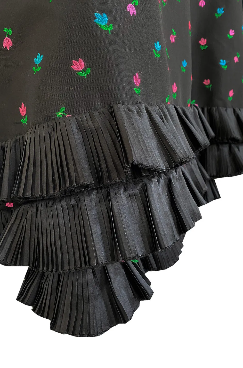 1970s Louis Mies Couture Level Black Silk Taffeta Dress w Embroidered Flowers & Ruffled Detailing