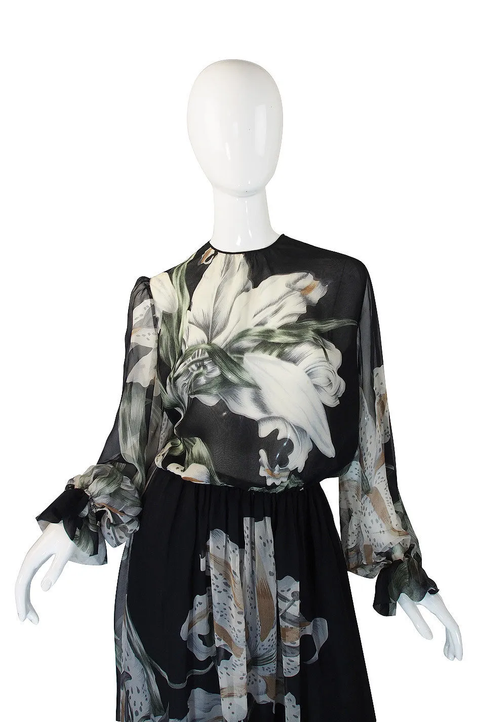 1970s NWT Hanae Mori Silk Chiffon Floral Gown