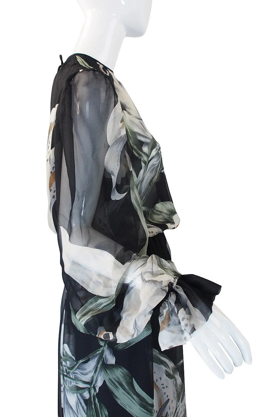 1970s NWT Hanae Mori Silk Chiffon Floral Gown