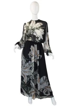 1970s NWT Hanae Mori Silk Chiffon Floral Gown