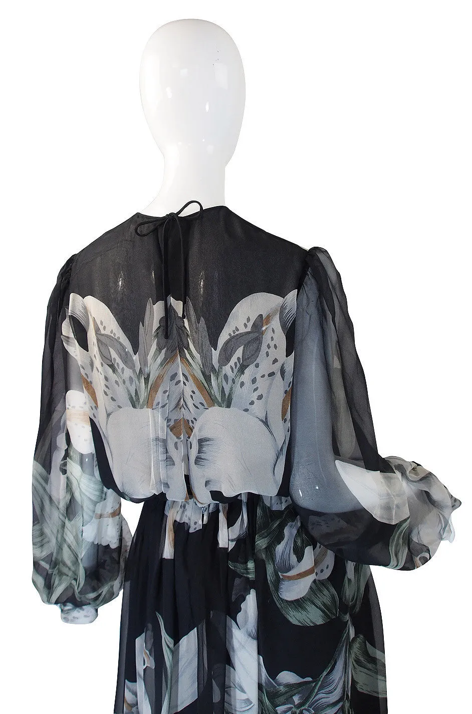 1970s NWT Hanae Mori Silk Chiffon Floral Gown