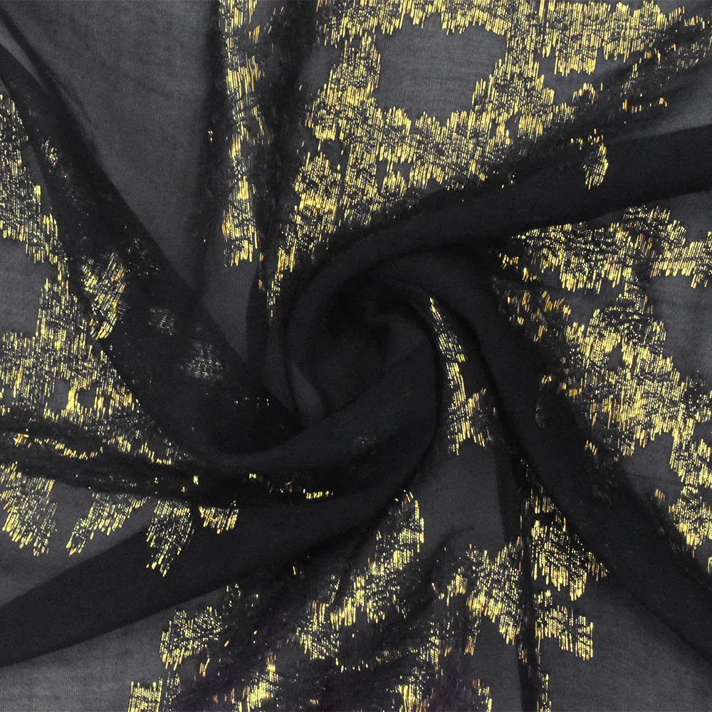 3 3/4 YD PC-Black-Gold Abstract Coral Metallic Jacquard Silk-Rayon Chiffon Woven Fabric