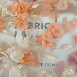 3D Rose Petal Embroidered Mesh - Salmon/Pink