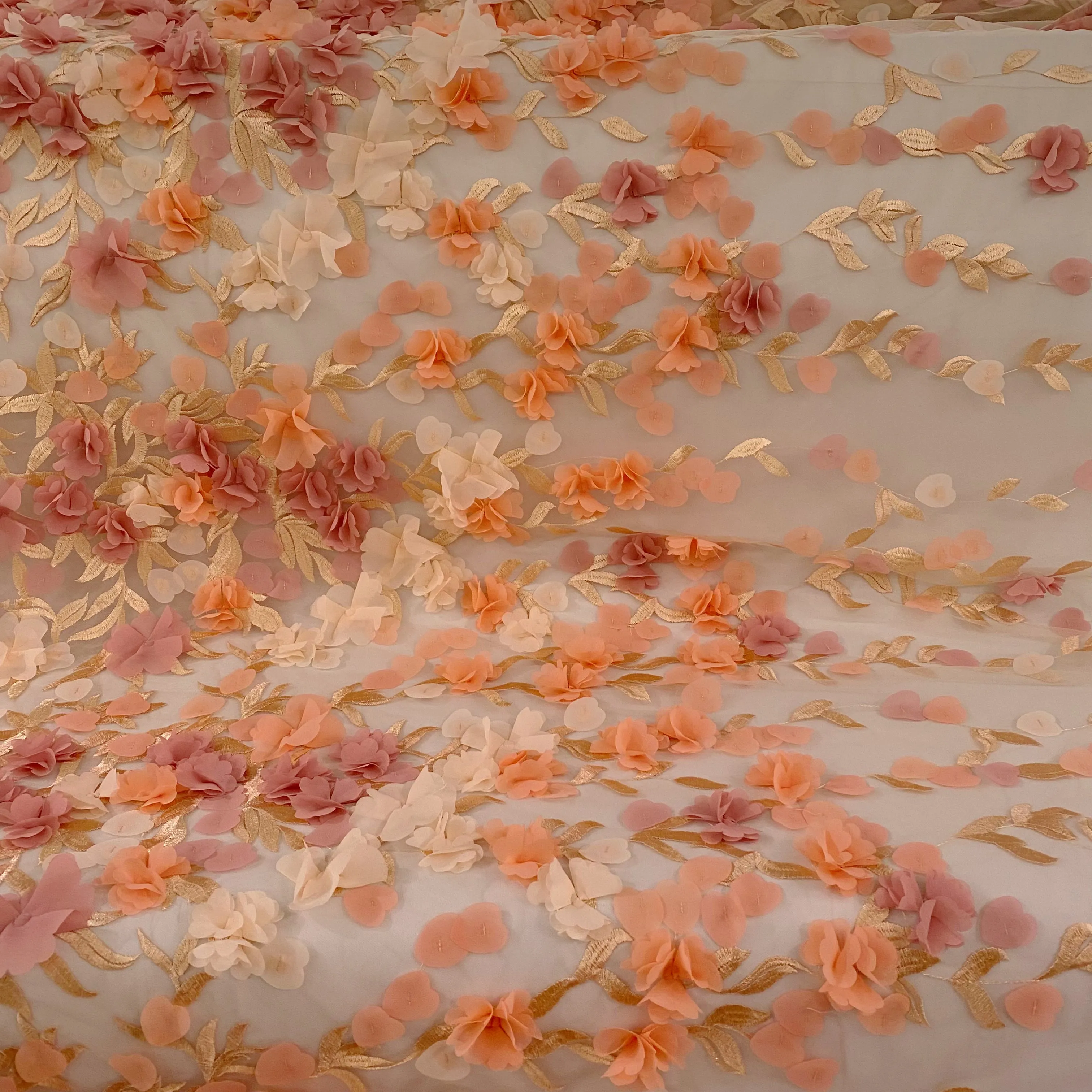 3D Rose Petal Embroidered Mesh - Salmon/Pink