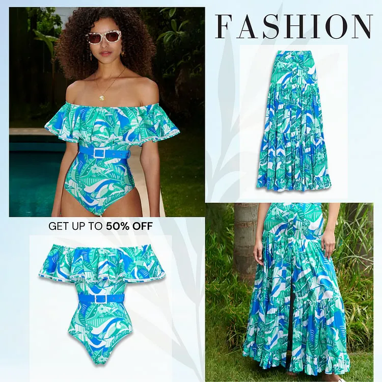 84Volt Ruffled Blue Printed  Flared Skirt Swimsuit Set - Picture 1 / S