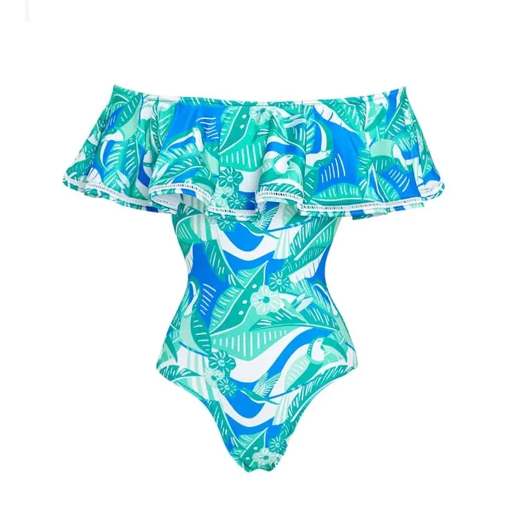 84Volt Ruffled Blue Printed  Flared Skirt Swimsuit Set - Picture 1 / S