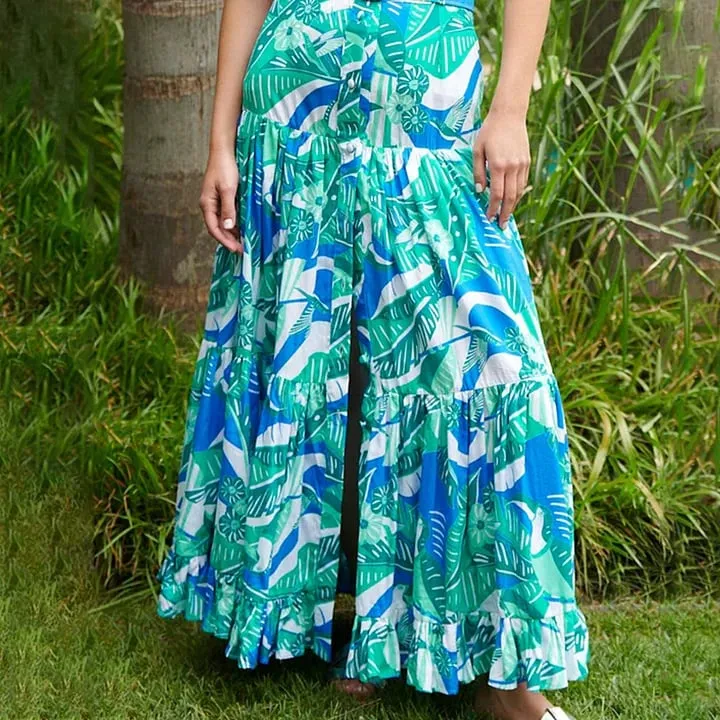 84Volt Ruffled Blue Printed  Flared Skirt Swimsuit Set - Picture 1 / S