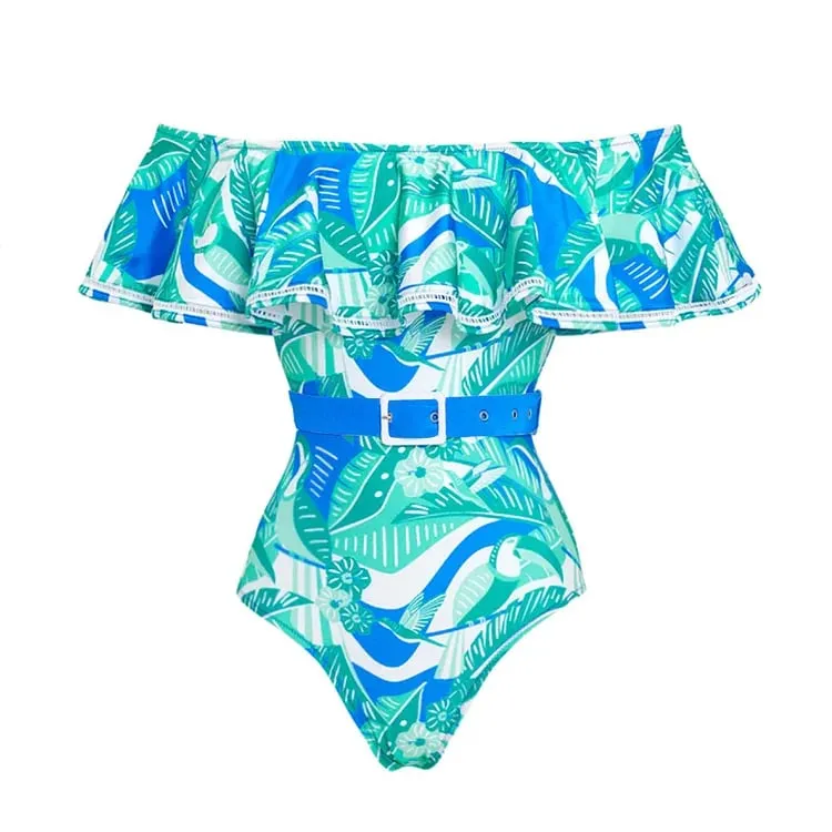 84Volt Ruffled Blue Printed  Flared Skirt Swimsuit Set - Picture 1 / S
