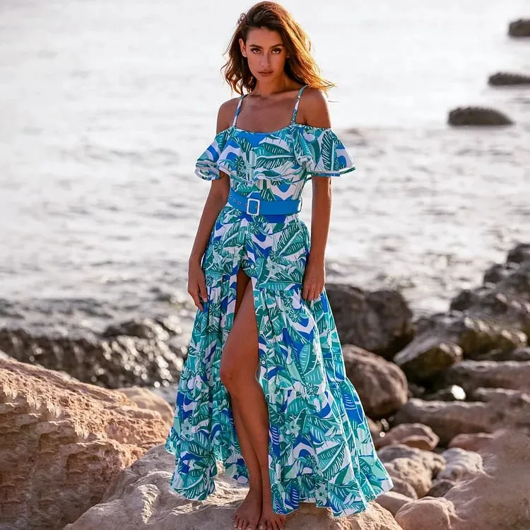 84Volt Ruffled Blue Printed  Flared Skirt Swimsuit Set - Picture 1 / S