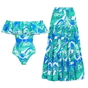 84Volt Ruffled Blue Printed  Flared Skirt Swimsuit Set - Picture 1 / S