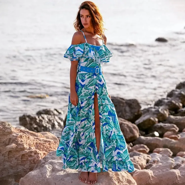 84Volt Ruffled Blue Printed  Flared Skirt Swimsuit Set - Picture 1 / S