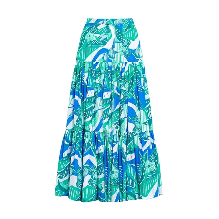 84Volt Ruffled Blue Printed  Flared Skirt Swimsuit Set - Picture 1 / S