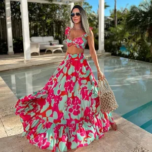 84Volt Ruffled Strap Printed Bikini Flared Skirt Swimsuit Set - Picture 1 / S