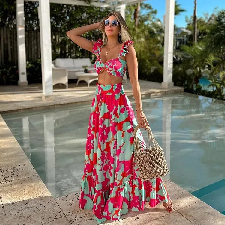 84Volt Ruffled Strap Printed Bikini Flared Skirt Swimsuit Set - Picture 1 / S