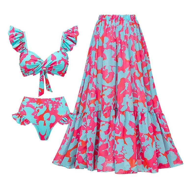 84Volt Ruffled Strap Printed Bikini Flared Skirt Swimsuit Set - Picture 1 / S
