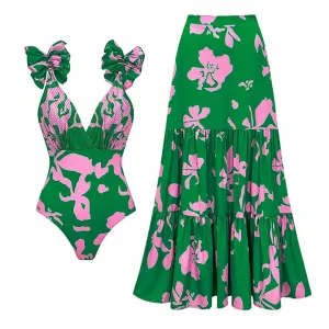 84Volt Ruffled Strap Printed One Piece Flared Skirt Swimsuit Set - Picture 1 / S