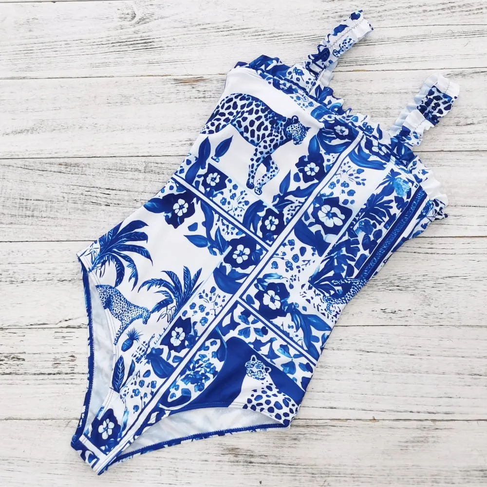 84Volt  Ruffled strapless one piece printed swimsuit - As shown / S