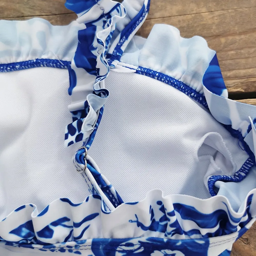 84Volt  Ruffled strapless one piece printed swimsuit - As shown / S