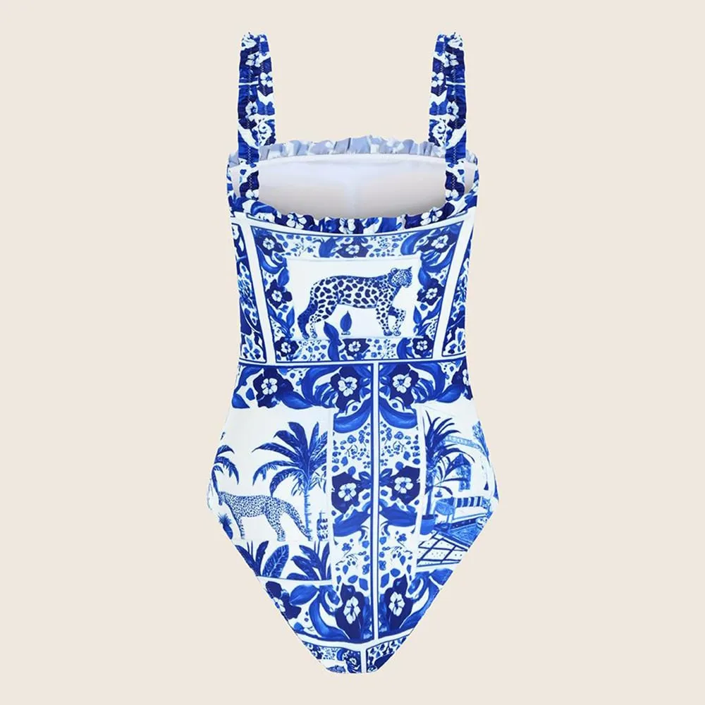 84Volt  Ruffled strapless one piece printed swimsuit - As shown / S