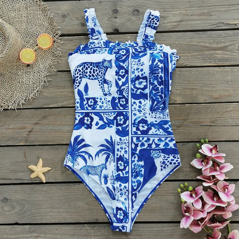 84Volt  Ruffled strapless one piece printed swimsuit - As shown / S
