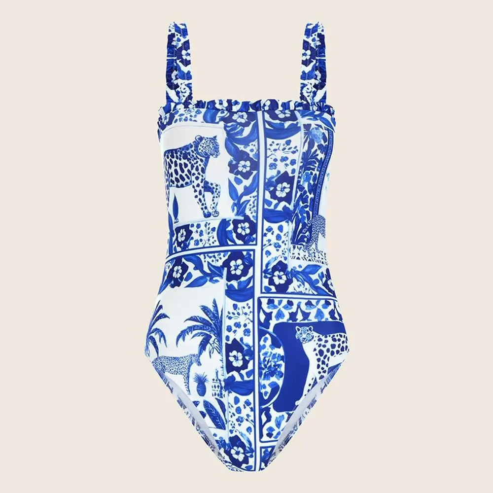 84Volt  Ruffled strapless one piece printed swimsuit - As shown / S
