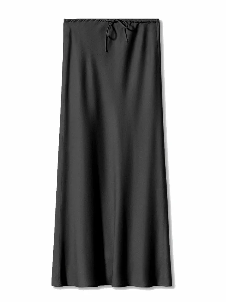 A-Line Long Satin Skirts For Women Elegant High Waist Maxi Skirts Silk Lace Up Maxi Skirt