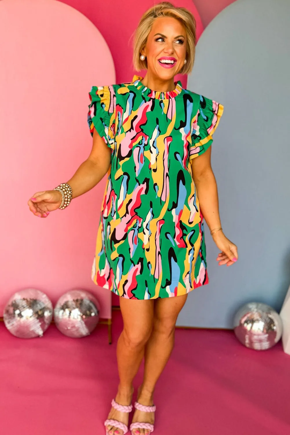 Abstract Print Frilled Neck Ruffled Sleeve Mini Dress