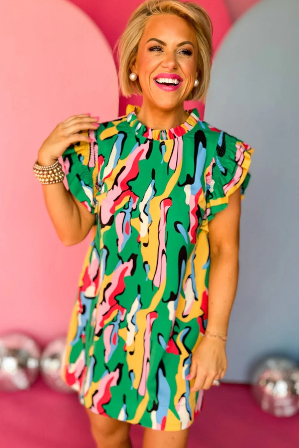 Abstract Print Frilled Neck Ruffled Sleeve Mini Dress
