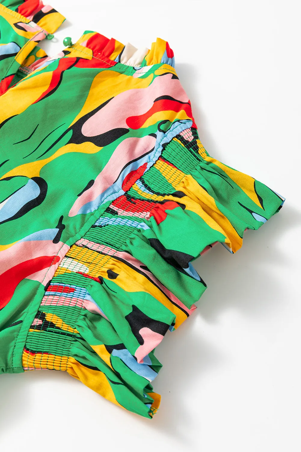 Abstract Print Frilled Neck Ruffled Sleeve Mini Dress