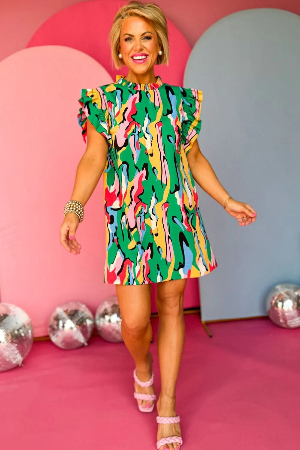 Abstract Print Frilled Neck Ruffled Sleeve Mini Dress