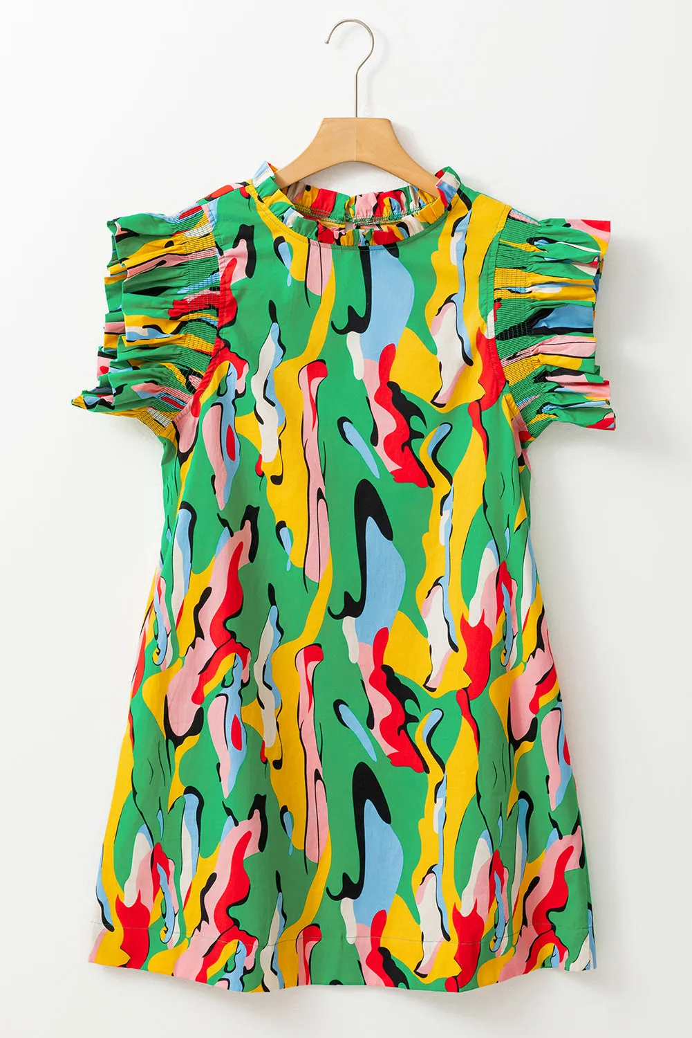 Abstract Print Frilled Neck Ruffled Sleeve Mini Dress