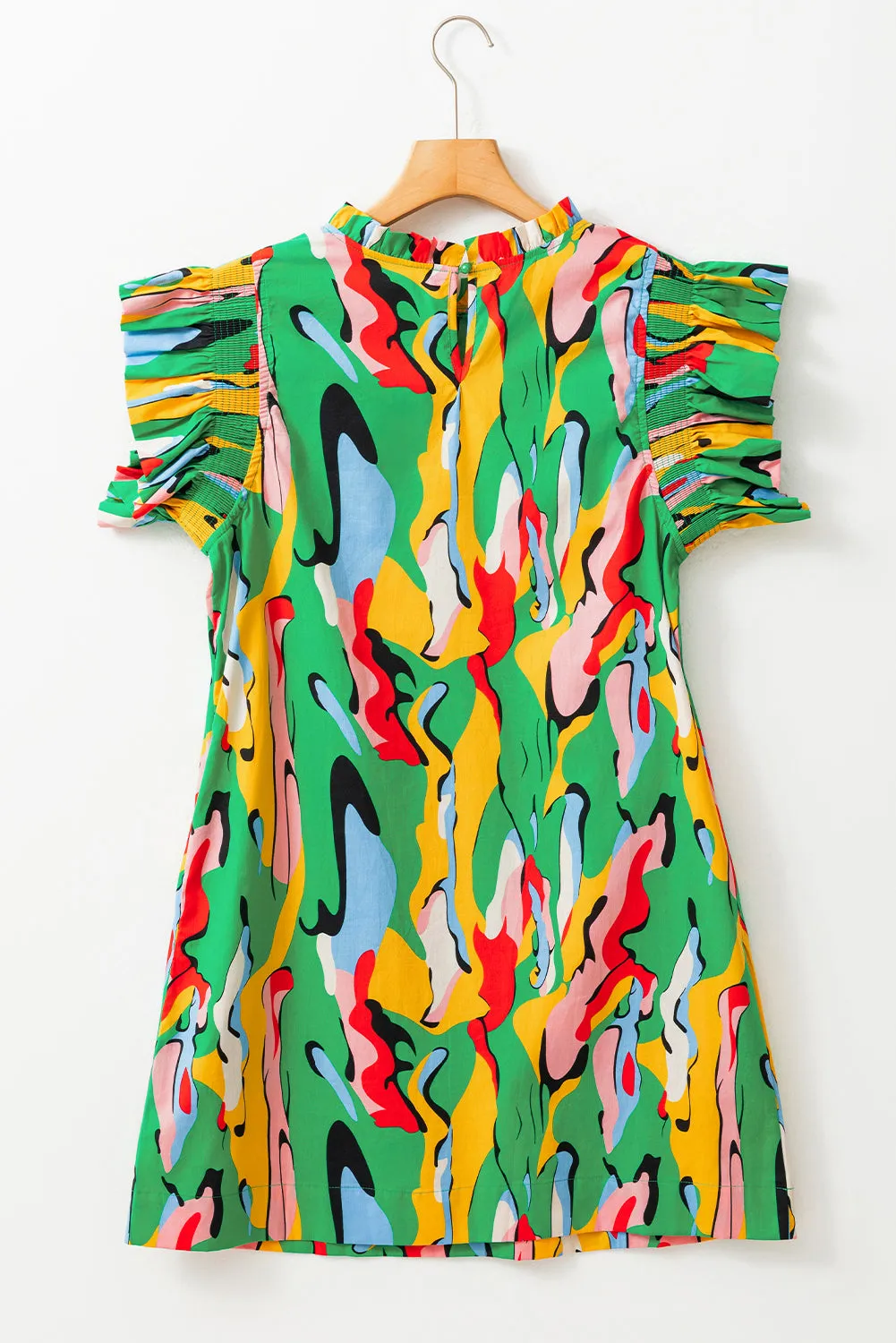 Abstract Print Frilled Neck Ruffled Sleeve Mini Dress