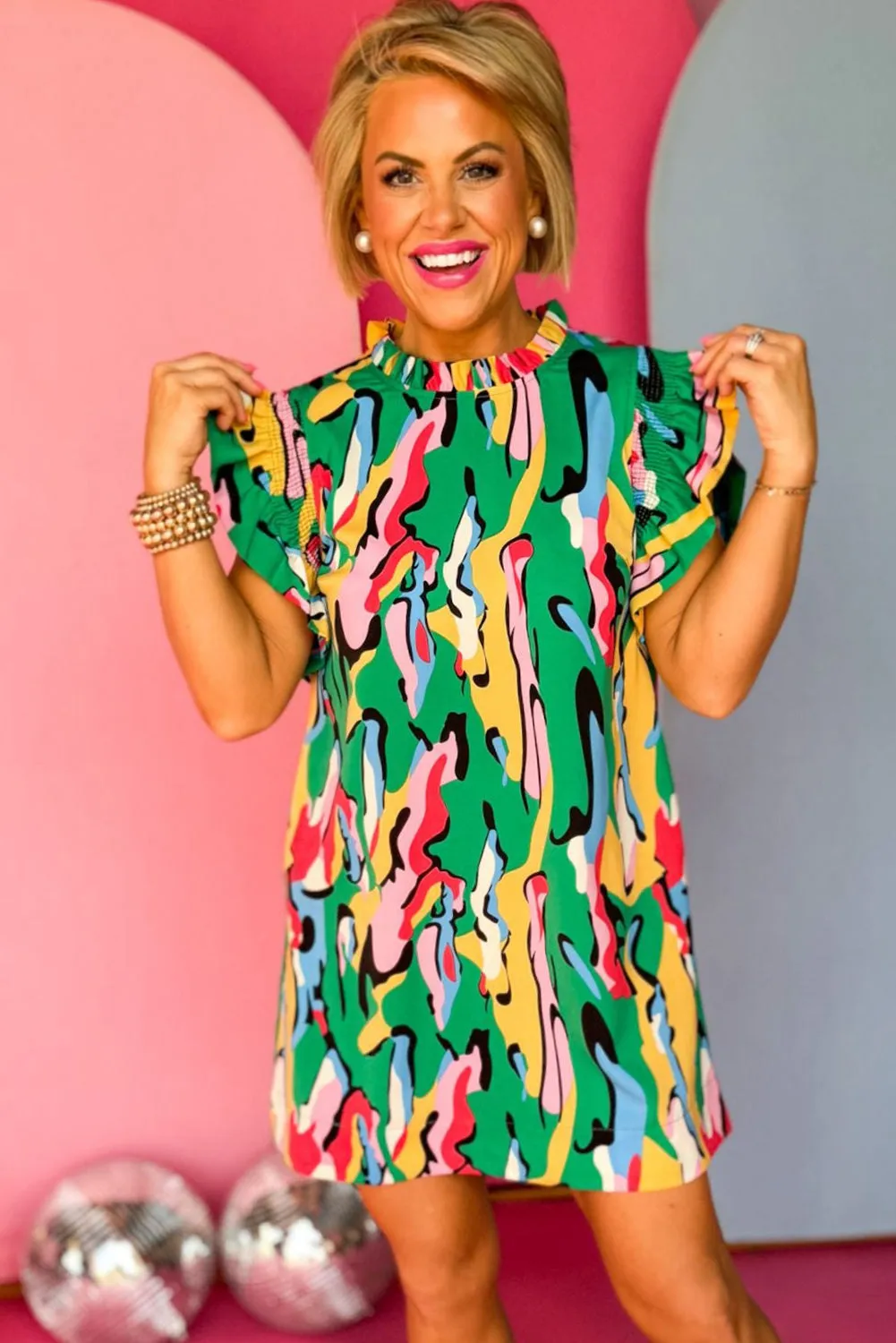 Abstract Print Frilled Neck Ruffled Sleeve Mini Dress