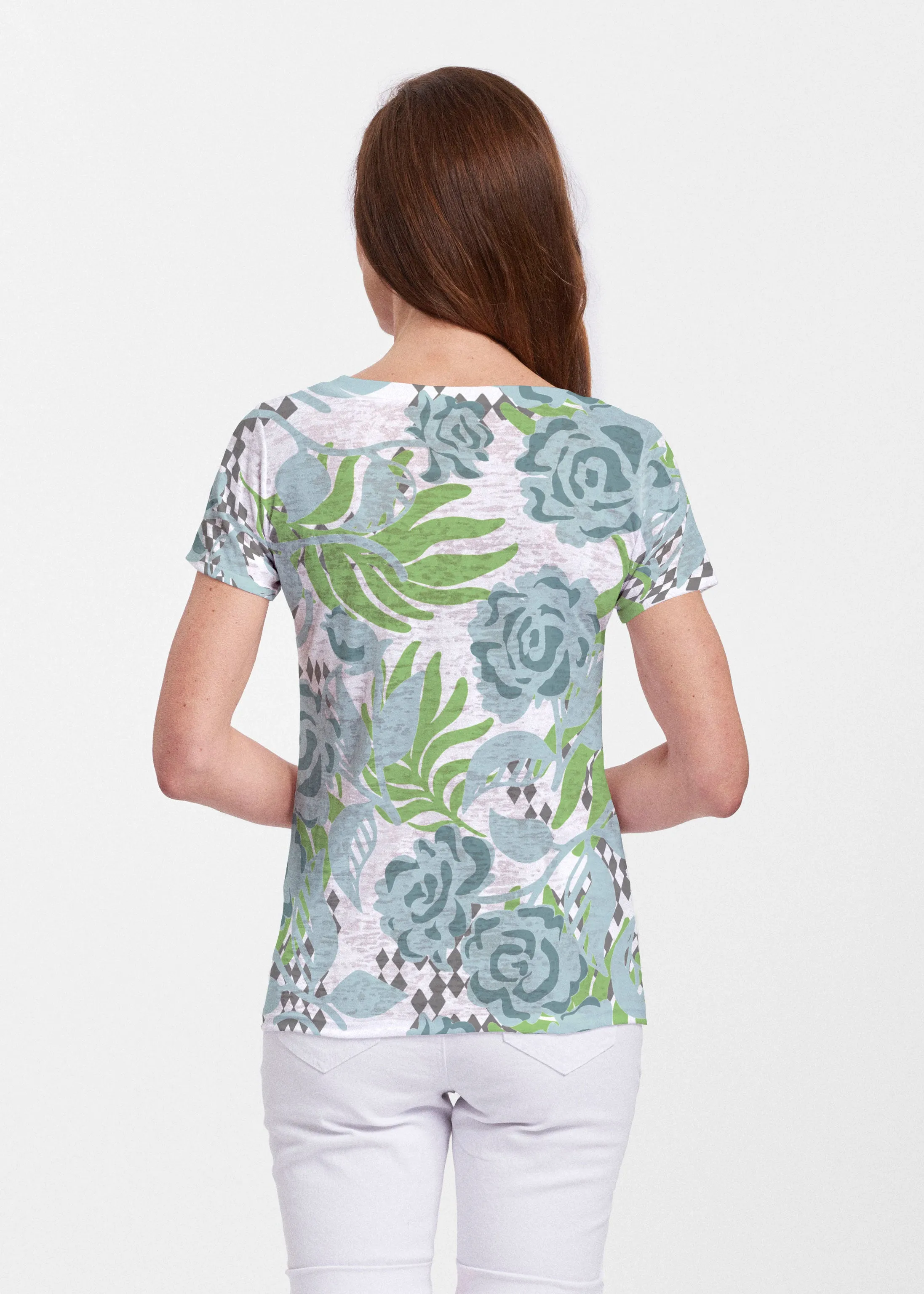 Abstract Rose Garden (7648) ~ Sheer Short Sleeve V-Neck Shirt